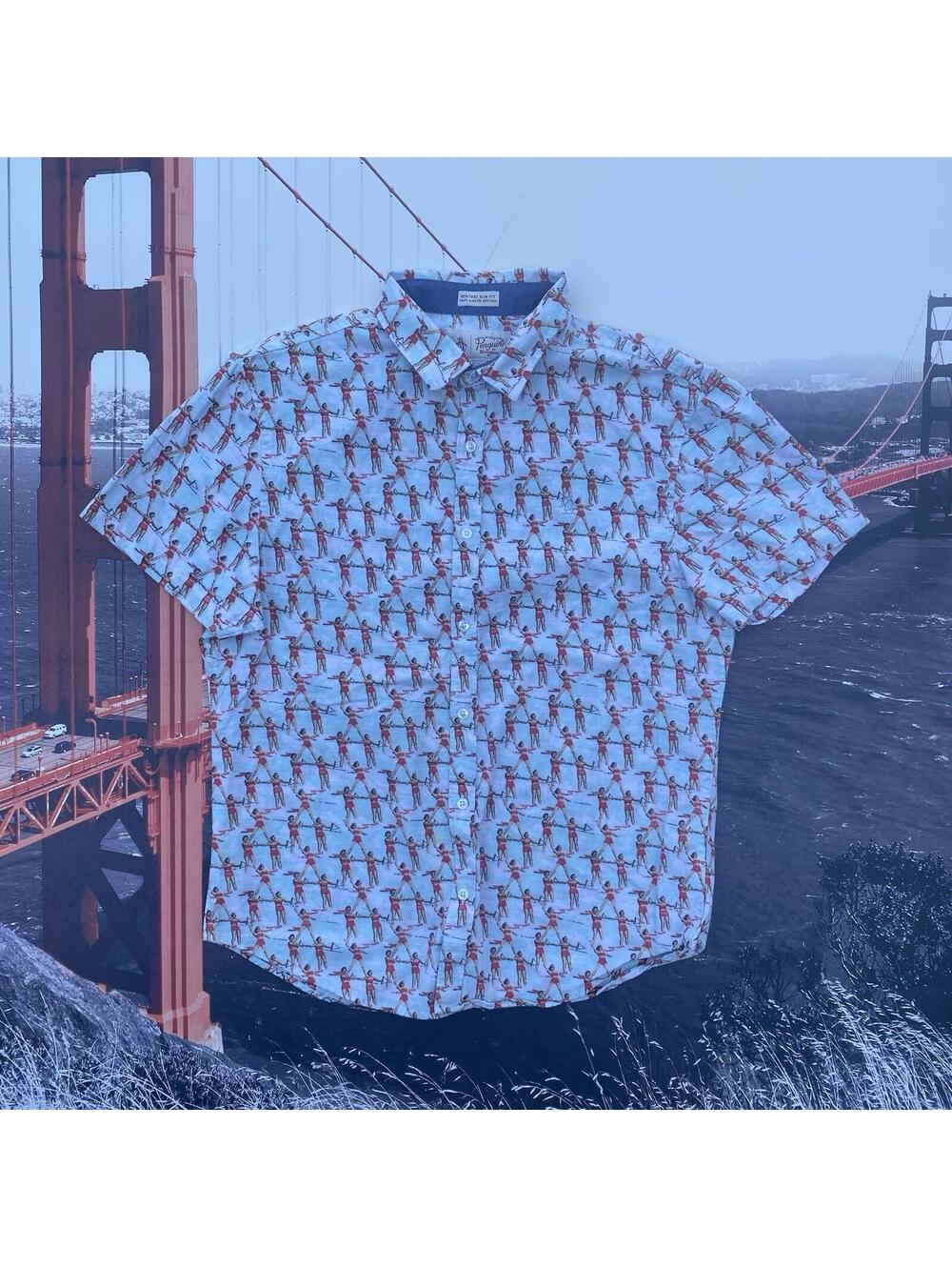 Penguin Short Sleeve Button Shirt Men's Medium Heritage Slim Fit Retro Ski Print